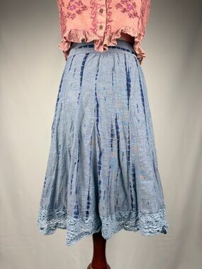 Studio West Blue Tie Dye Midi Skirt Lace Hem Size M Boho Cottagecore